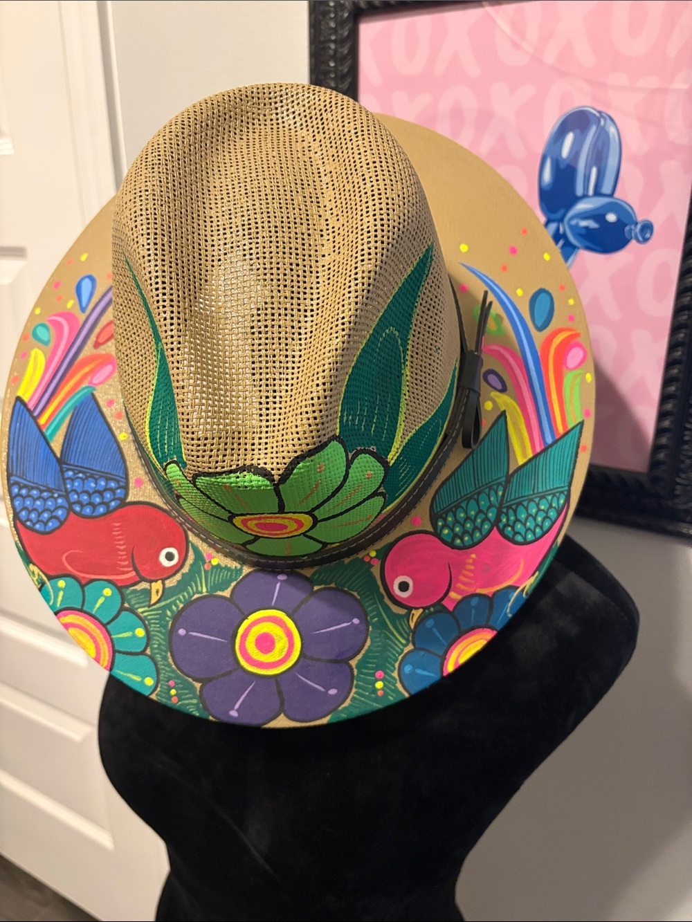 Hand-Painted Straw Fedora Hat with Colorful Bird & Floral Design